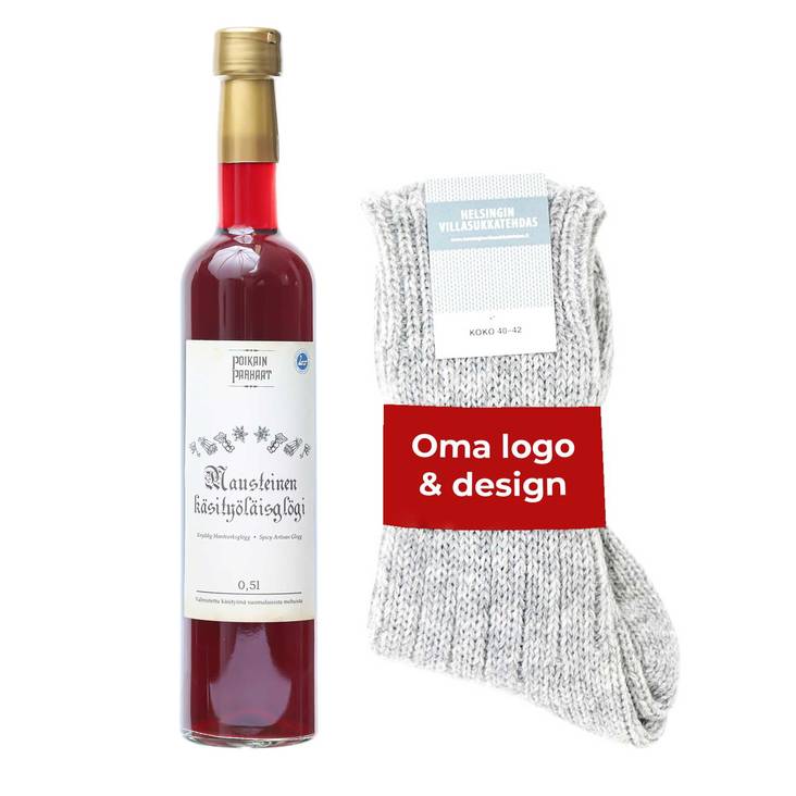 villasukat ja gl=C3=B6gi lahjapakkauksessa - Joululahjat yrityksille - villaset - 1